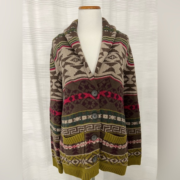 Eddie Bauer Green Aztec Print Button Front Cardigan Size Small - Picture 1 of 8
